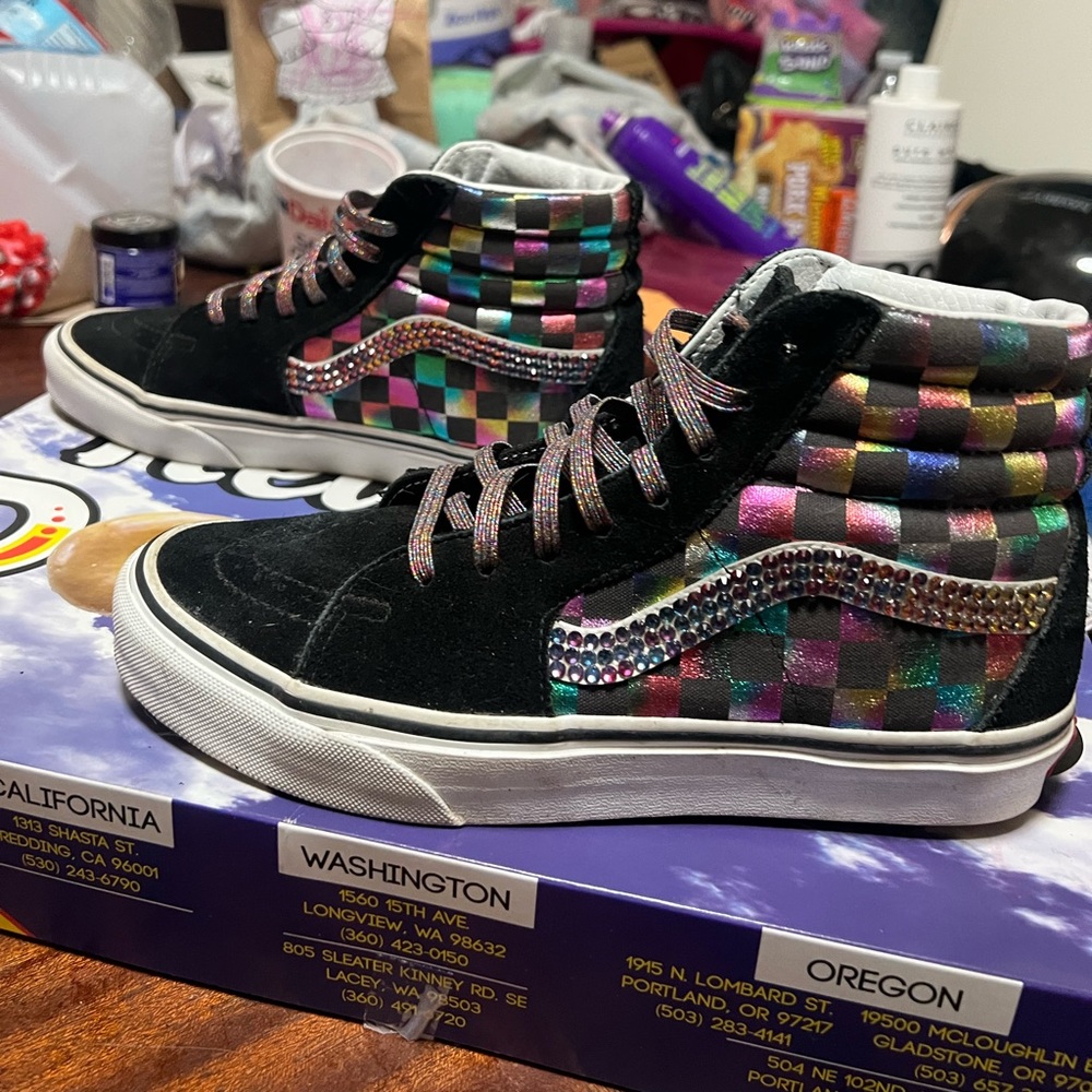 Vans Old Skool 7.5 iridescent checker Custom multi color crystal rhinestones.